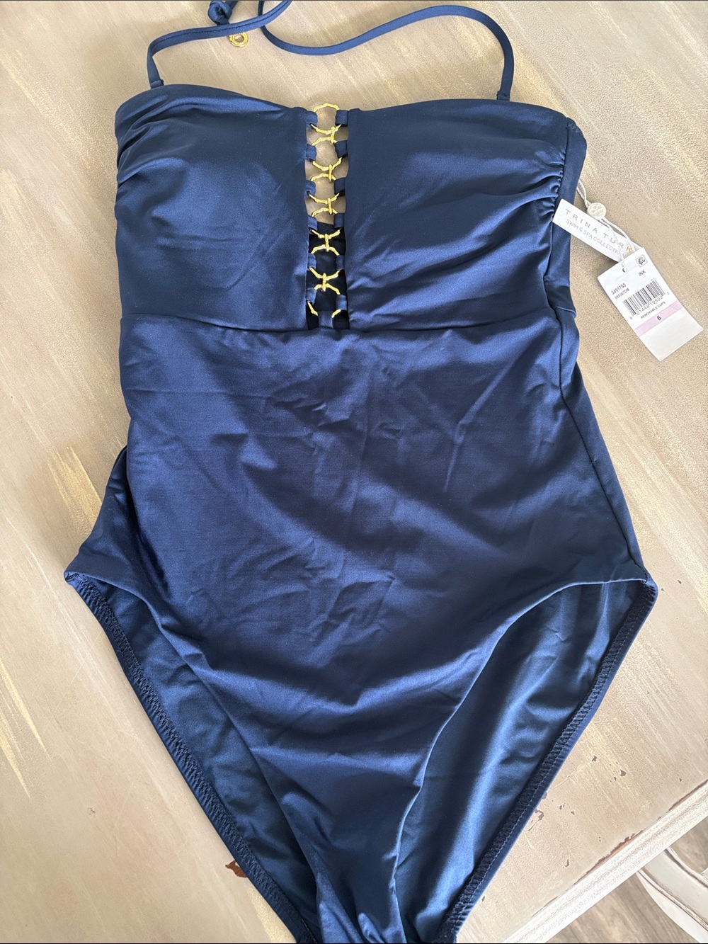 Trina Turk NWT Size 6 Navy Blue One-Piece Swimsuit with Gold Accent